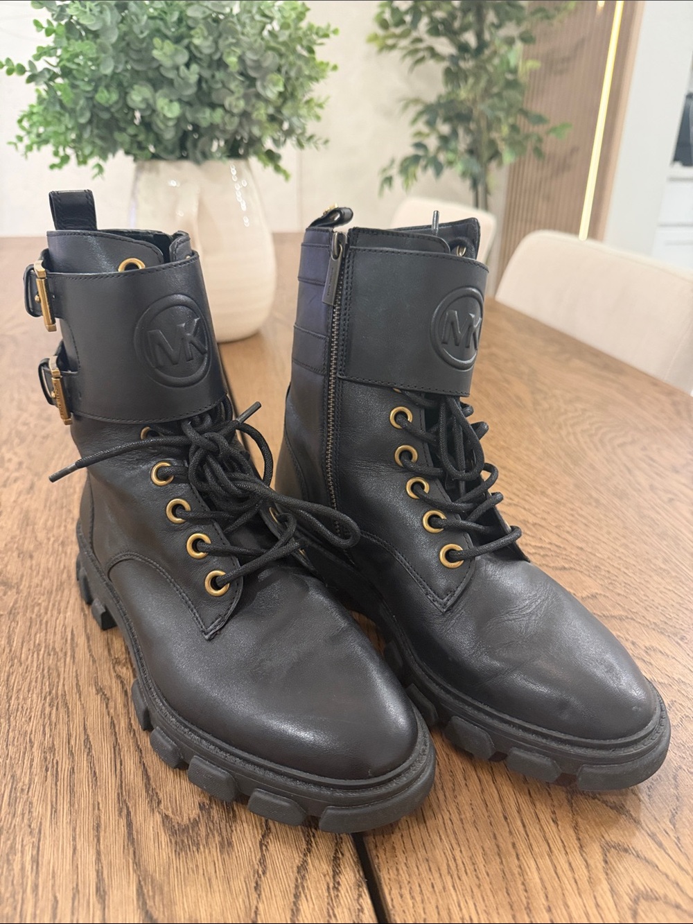 Michael Kors Black Leather Combat Boots with Gold-Tone Zipper